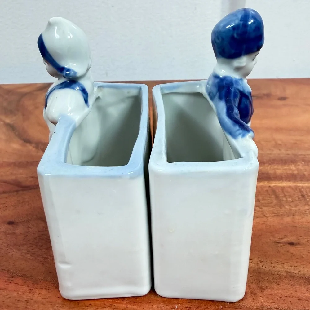 Antique Delft Boy/Girl Figurine Holders/Planters 1920s Blu/Wht Dutch Pair‎ Japan
